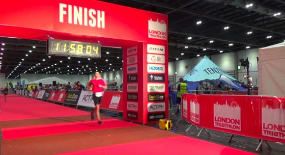 London Triathlon crossing the finish line